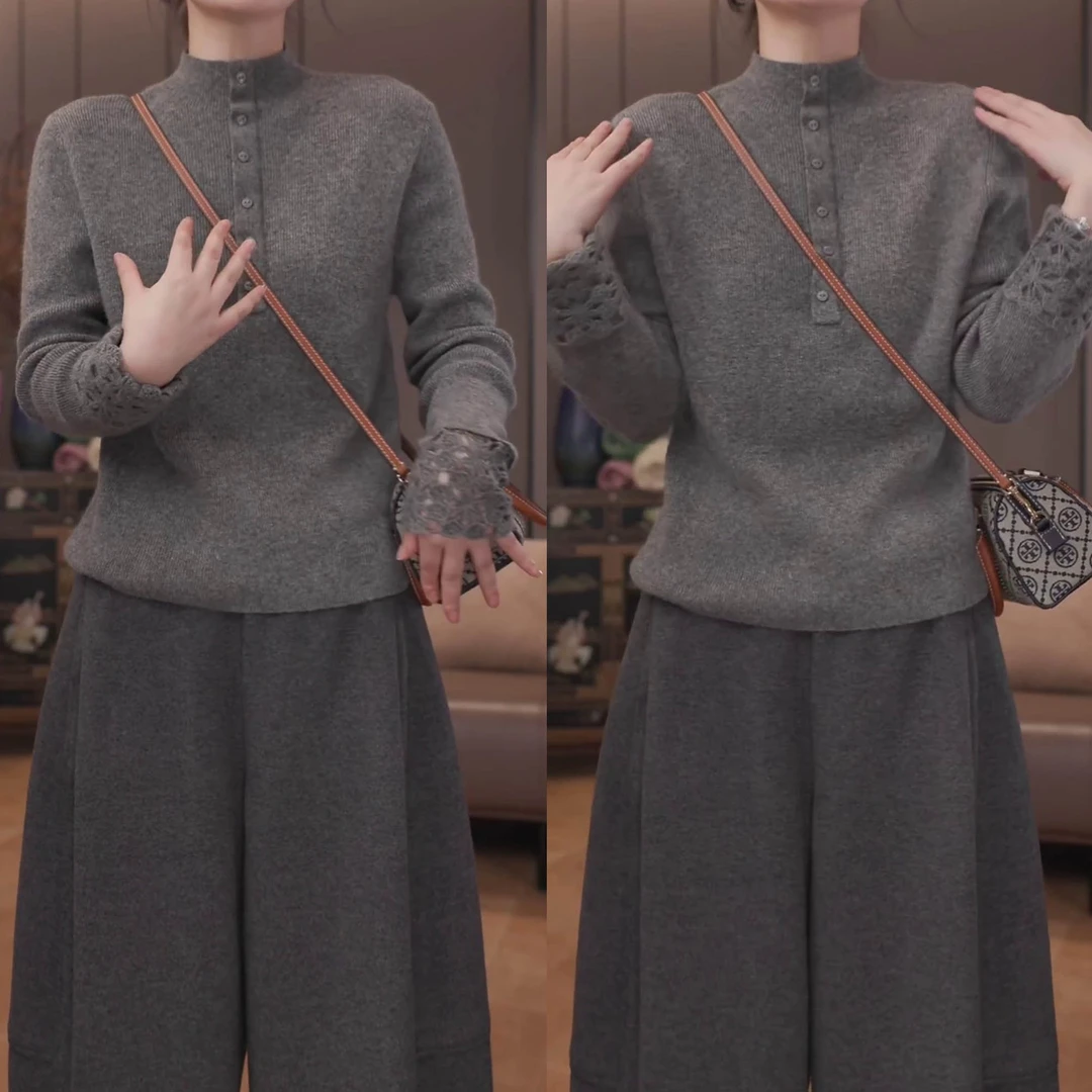 2025秋冬百搭花边袖口半高领毛衣新款时尚软糯洋气减龄风打底上衣