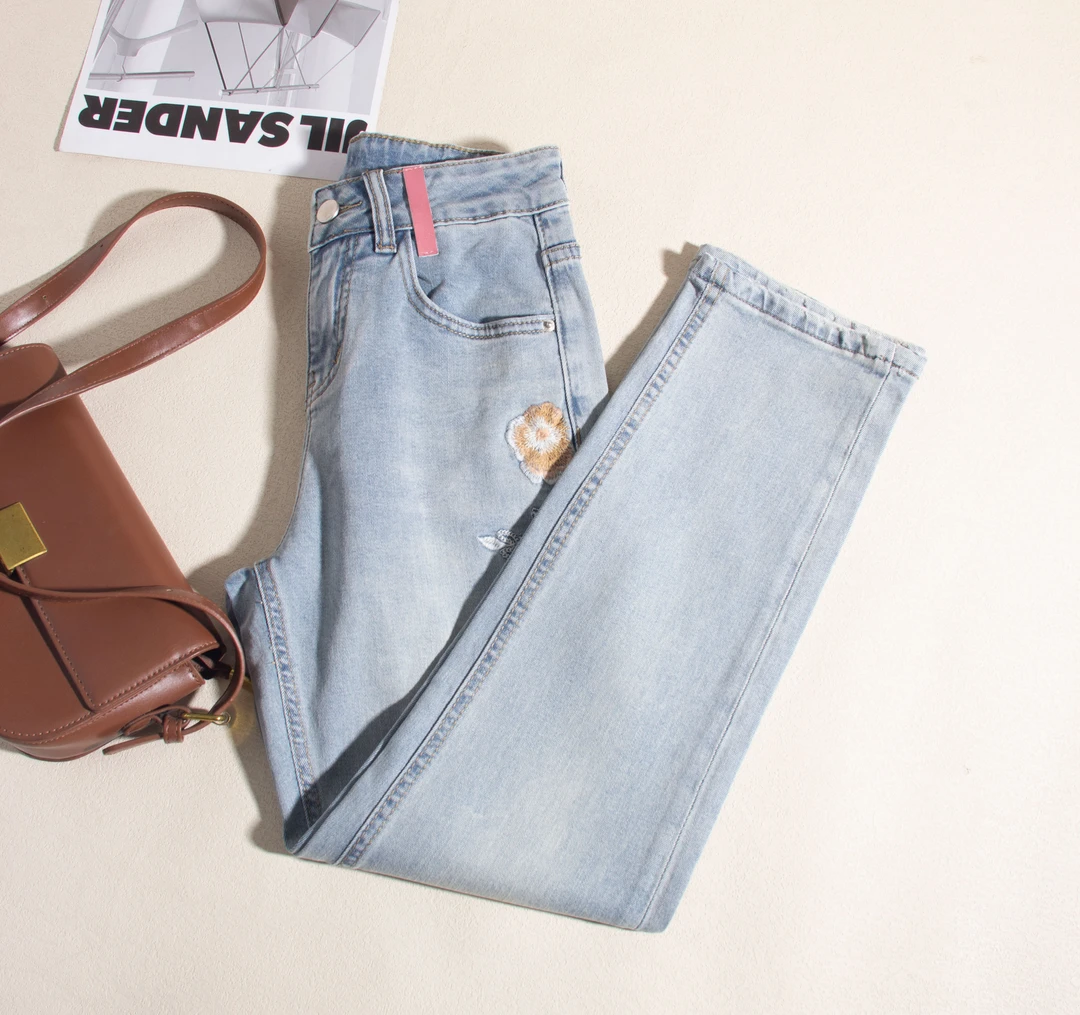 6228-浅色直筒牛仔裤女春小个子显瘦高腰设计感九分烟管裤