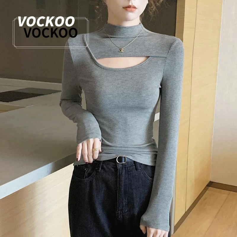 VOCKOO灰色针织镂空半高领长袖打底衫女2024新款春秋装中领