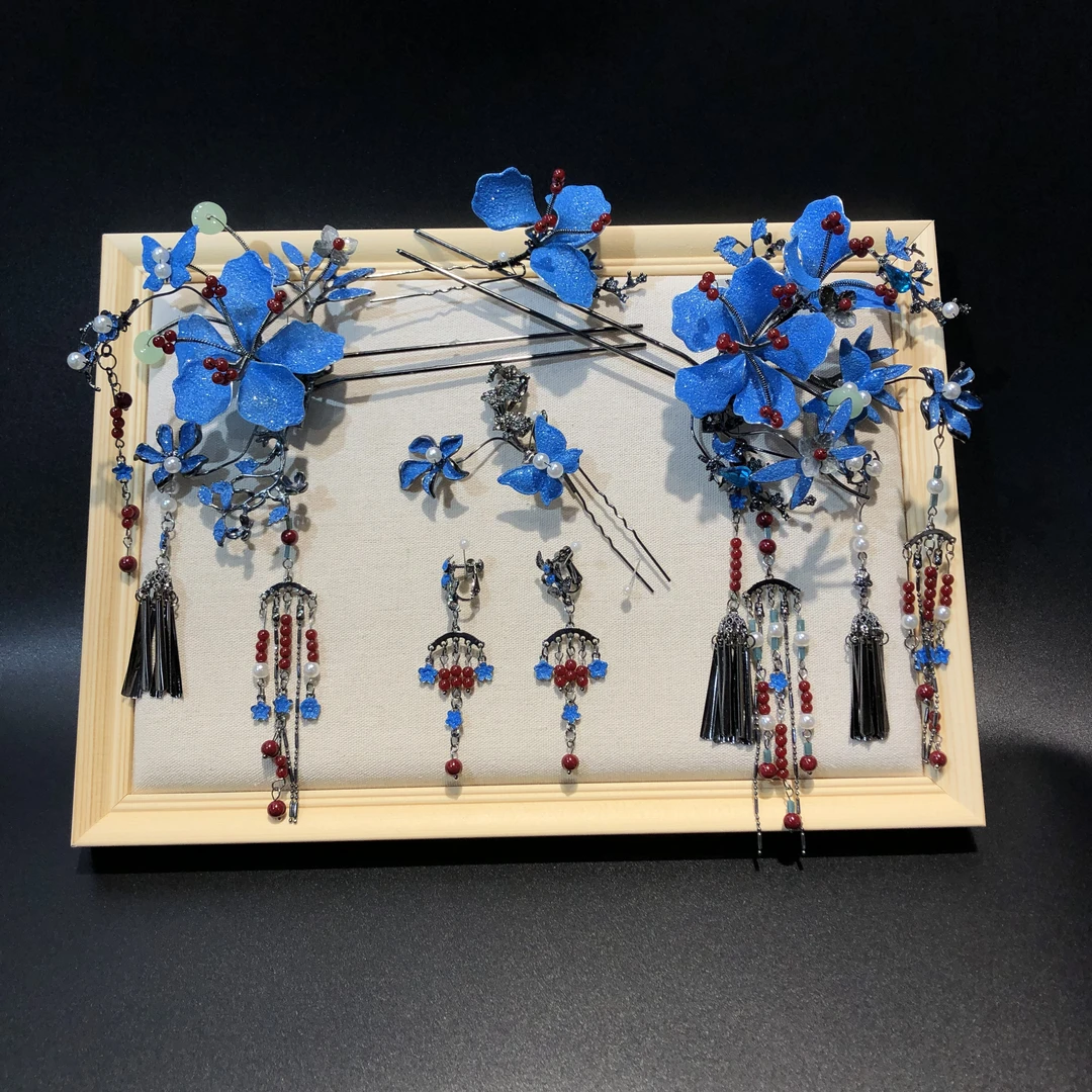 婚庆饰品1076百搭典雅气质蓝色花朵流苏发簪新娘头饰中式婚礼发饰