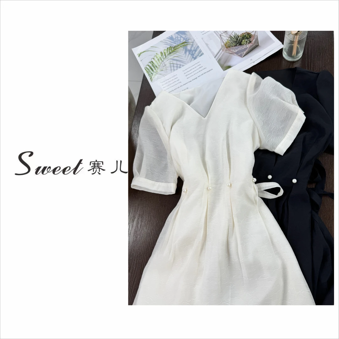 【赛儿专属】｛2261｝巨显瘦气质优雅设计师珍珠腰连衣裙