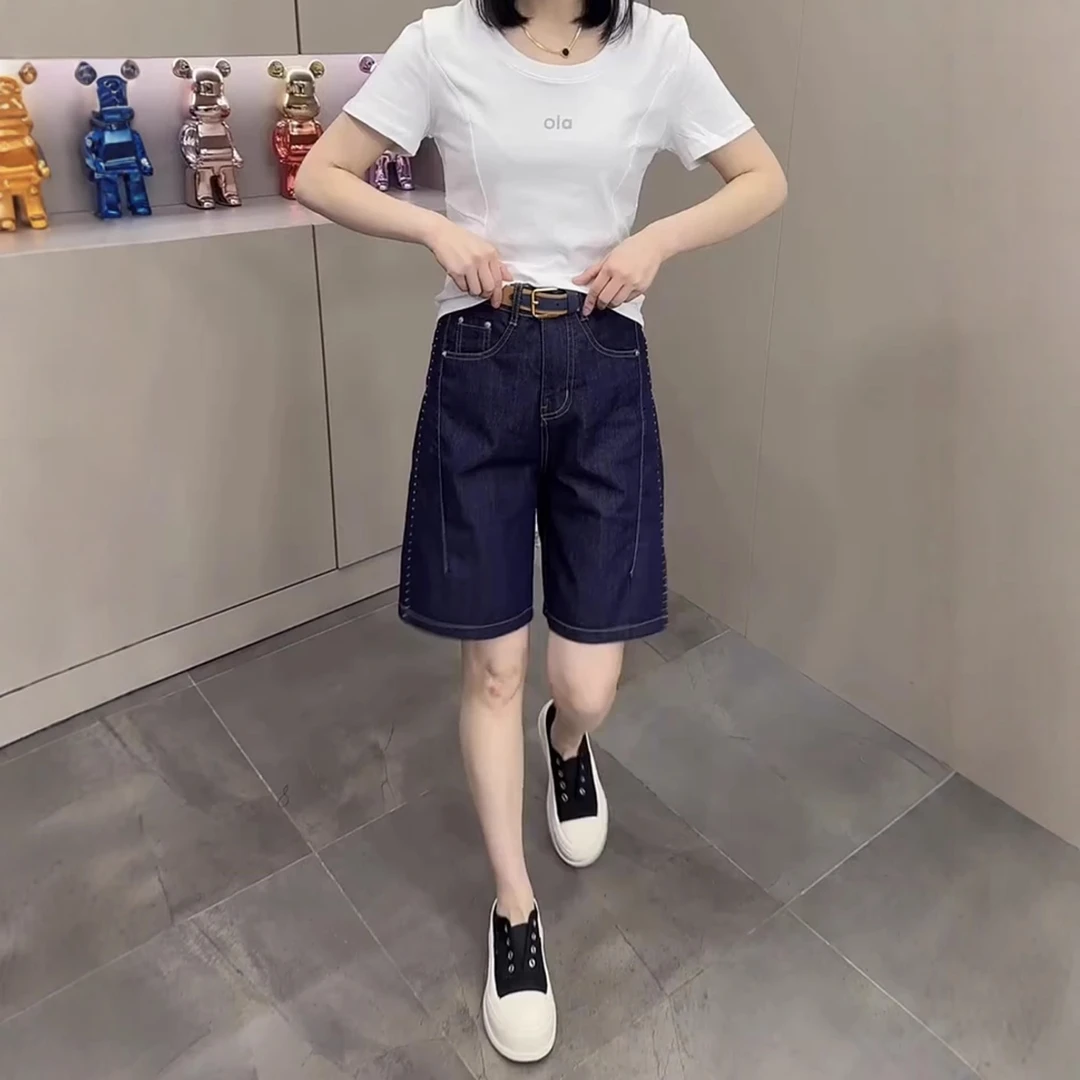 夏季薄款牛仔短裤女大码胖mm宽松显瘦高腰百搭弹力直筒五分裤