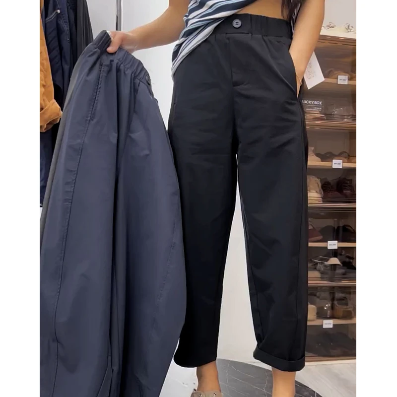 黑色高腰休闲哈伦裤女2025夏季薄款新款小个子速干九分弹力蘑菇