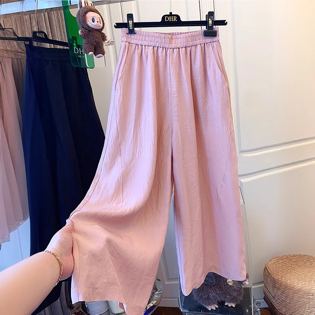 欧货高级感醋酸宽松阔腿休闲九分裤子直筒薄款2025夏季新款小个子