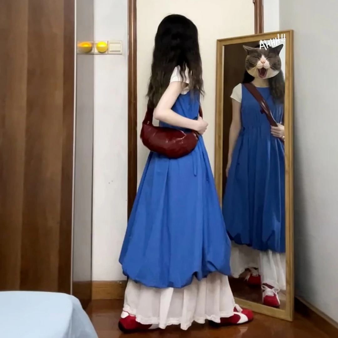 3760法式蓝色无袖背心花苞连衣裙子女夏季2025新款超好看度假长裙