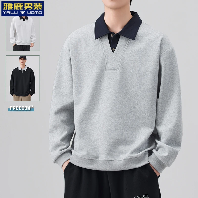 雅鹿男装假两件卫衣男士秋季翻领2025新款休闲长袖t恤polo衫上衣