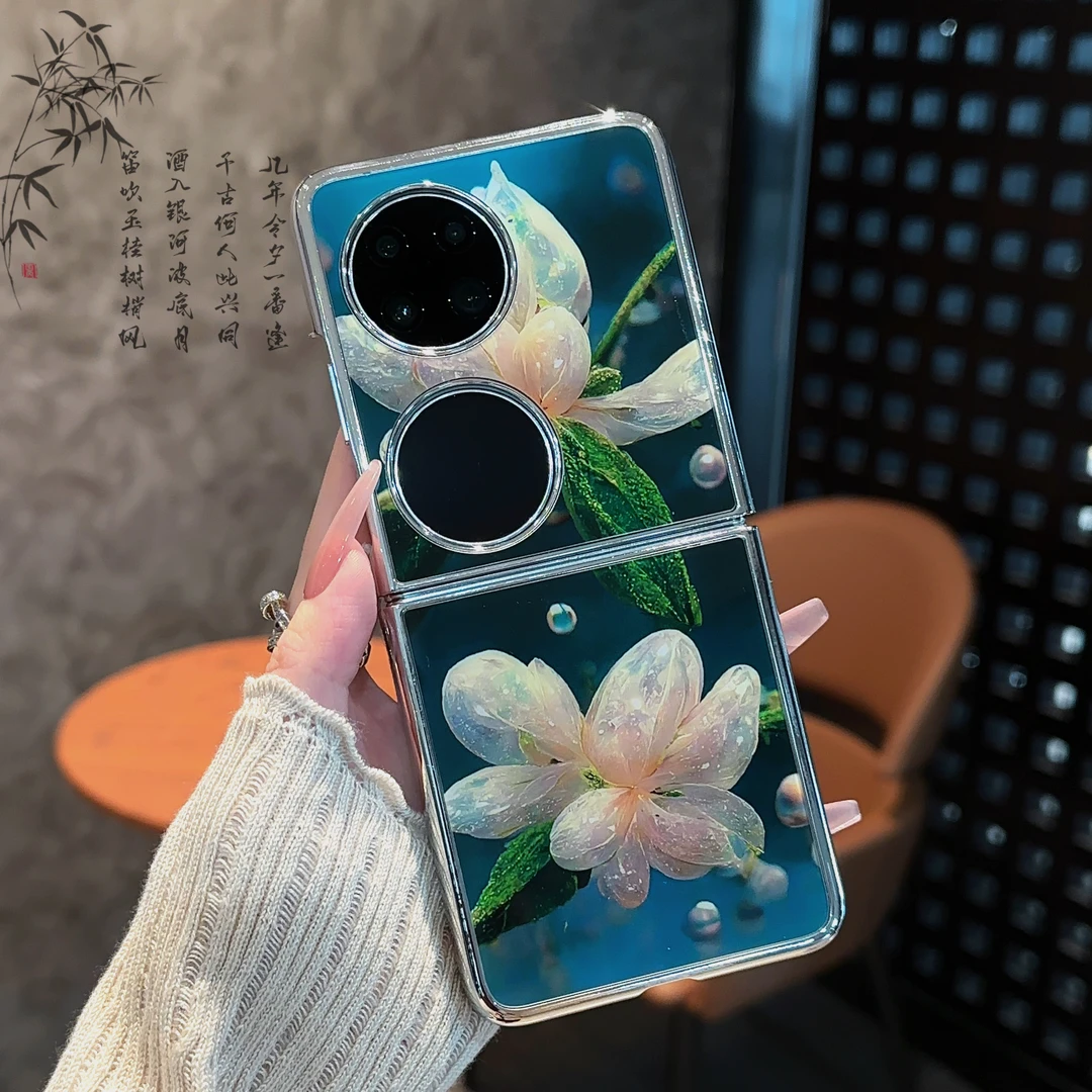 适用【华为P50POCKET】茉莉花电镀玻璃折叠机气质优雅防摔手机壳女