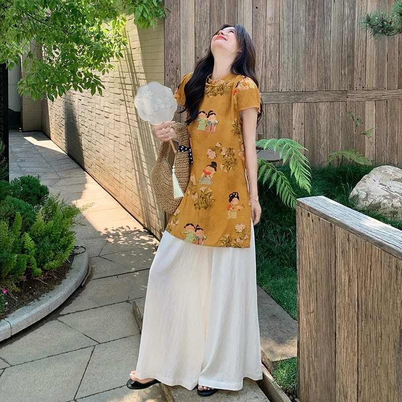 新中式国风上衣阔腿裤套装女2025夏新款高级感轻奢休闲盘扣衬衫