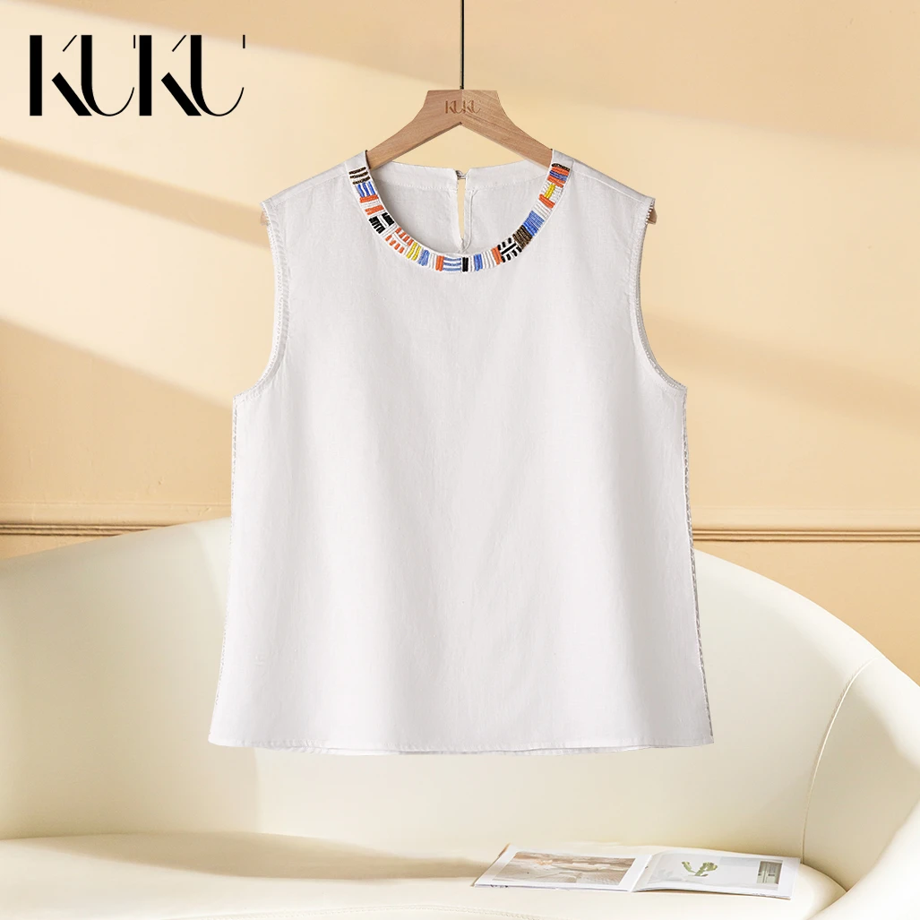 闲云野鹤～100亚麻手工钉珠夏季气质百搭马甲小衫6005