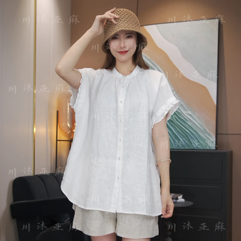 2025夏欧韩时尚花边袖纯亚麻衬衫圆领文艺百搭麻料薄款开衫小衫女