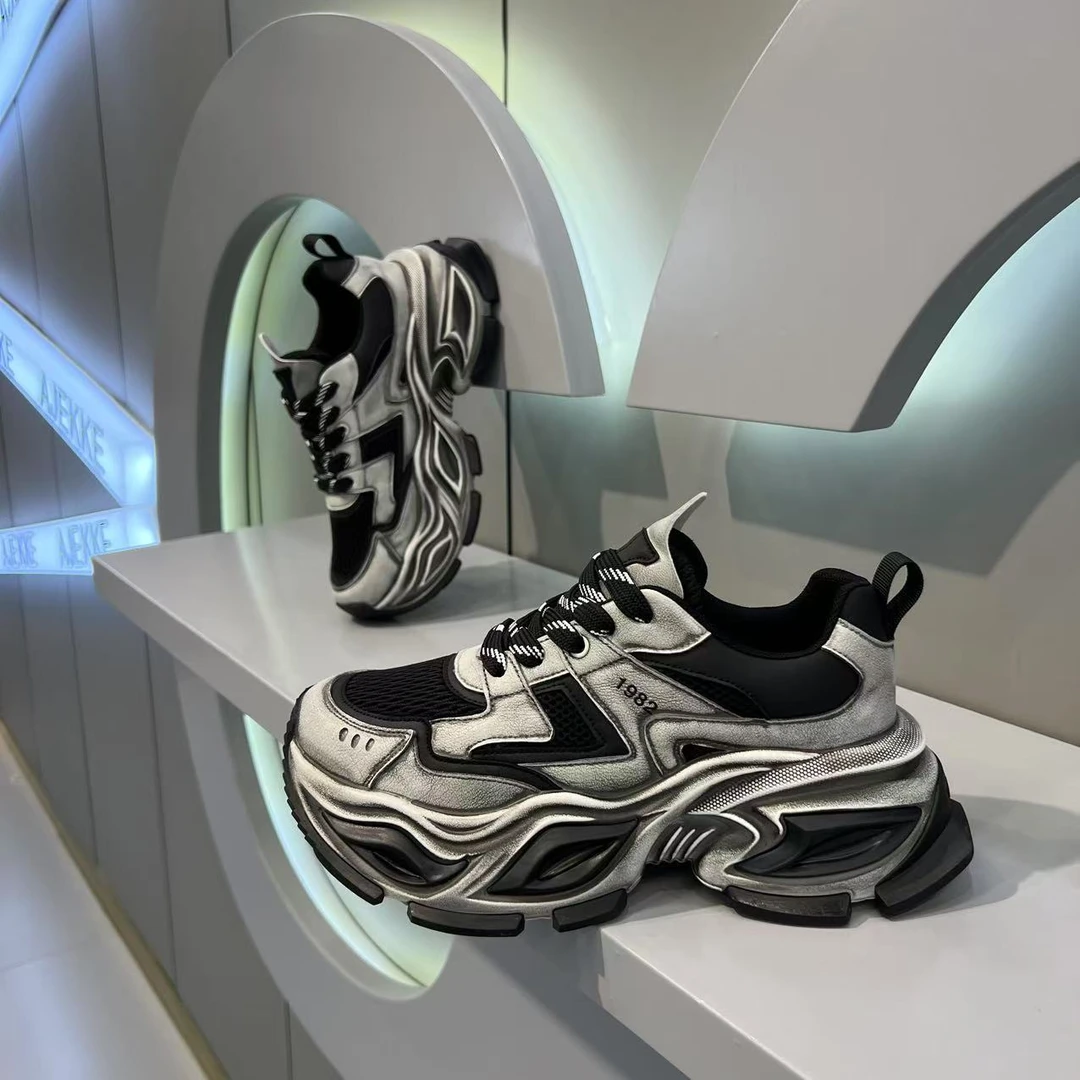 okkdey男士复古老爹鞋春季厚底增高休闲运动鞋擦色做旧透气潮鞋