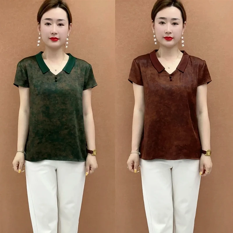 气质时尚复古晕花妈妈小衫夏季新中式百搭显瘦新款T恤大码上衣