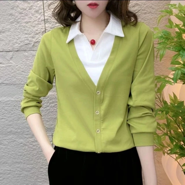 2025新款时尚妈妈气质假两件长袖小衫洋气百搭显瘦减龄女士上衣