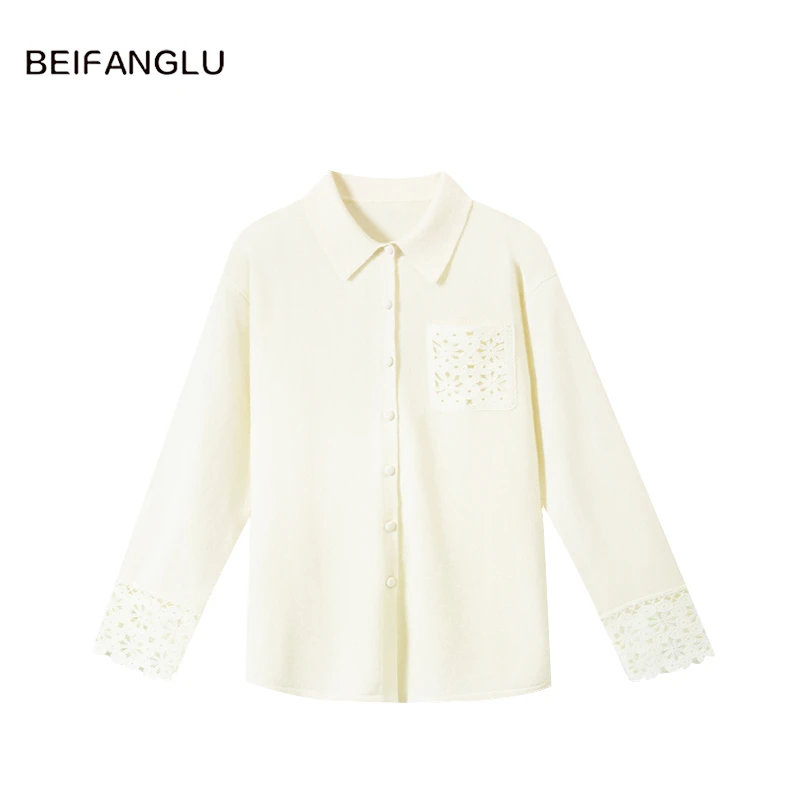 北方鹿【100%绵羊毛】法式钩花镂空衬衫领2026早春女士针织衫261017