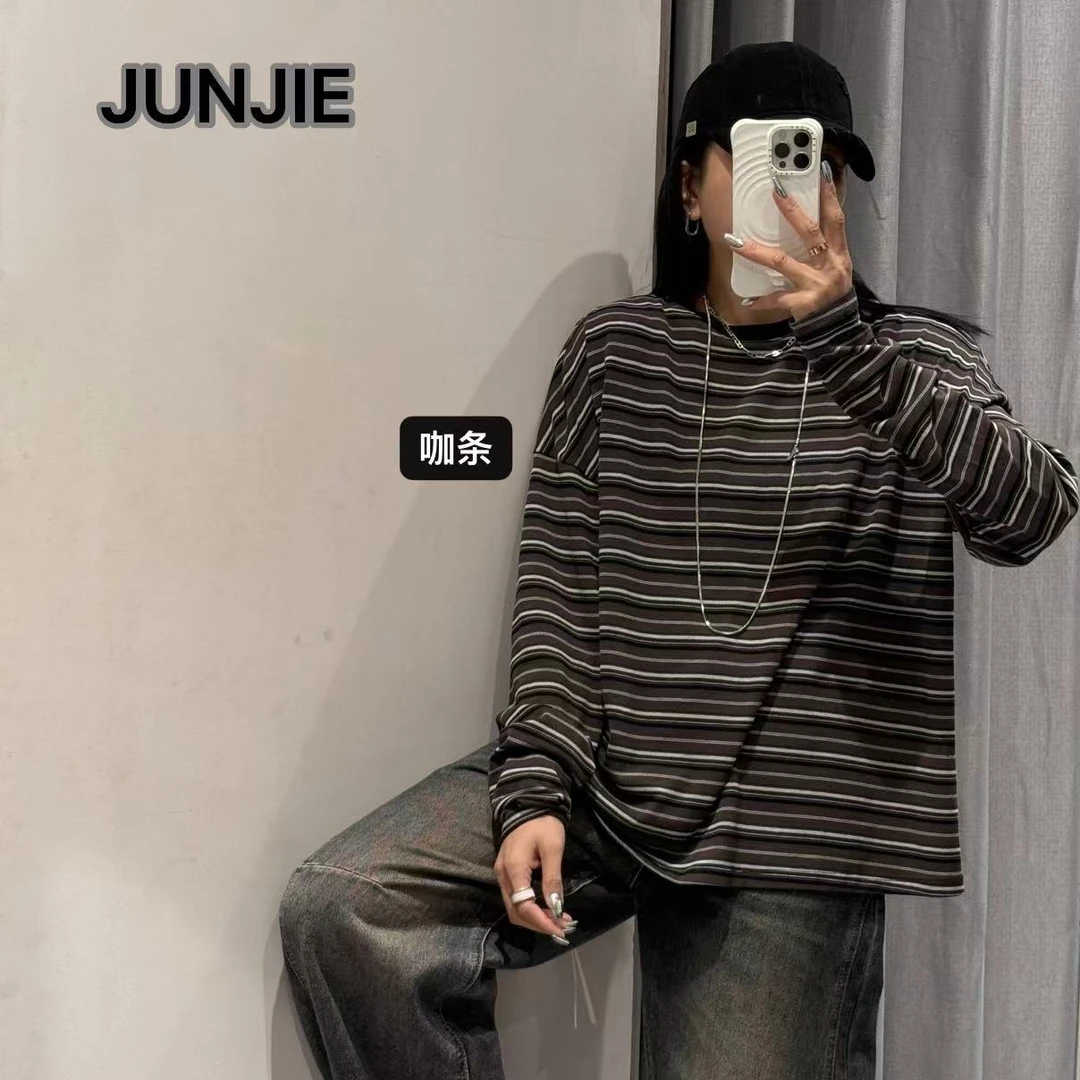 『JUNJIE』咖条T·慵懒宽松大版复古条纹衫 7838