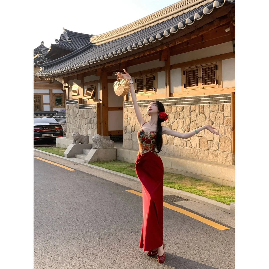 【雅乔定制】繁花 提花缎面拼接修身高腰吊带连衣裙DYYK-25032274