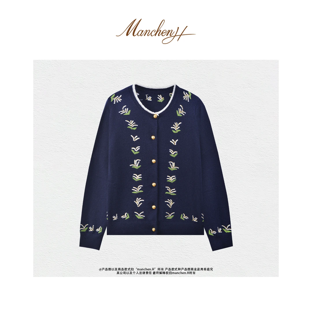 曼辰manchenh"晚风意"原厂KVss纱线100羊绒重工水溶刺绣针织开衫
