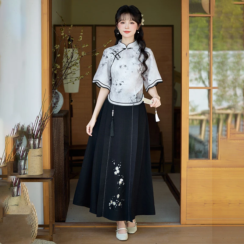 新中式旗袍两件套2025夏季文艺国风女装印花竹叶茶服改良唐装送考