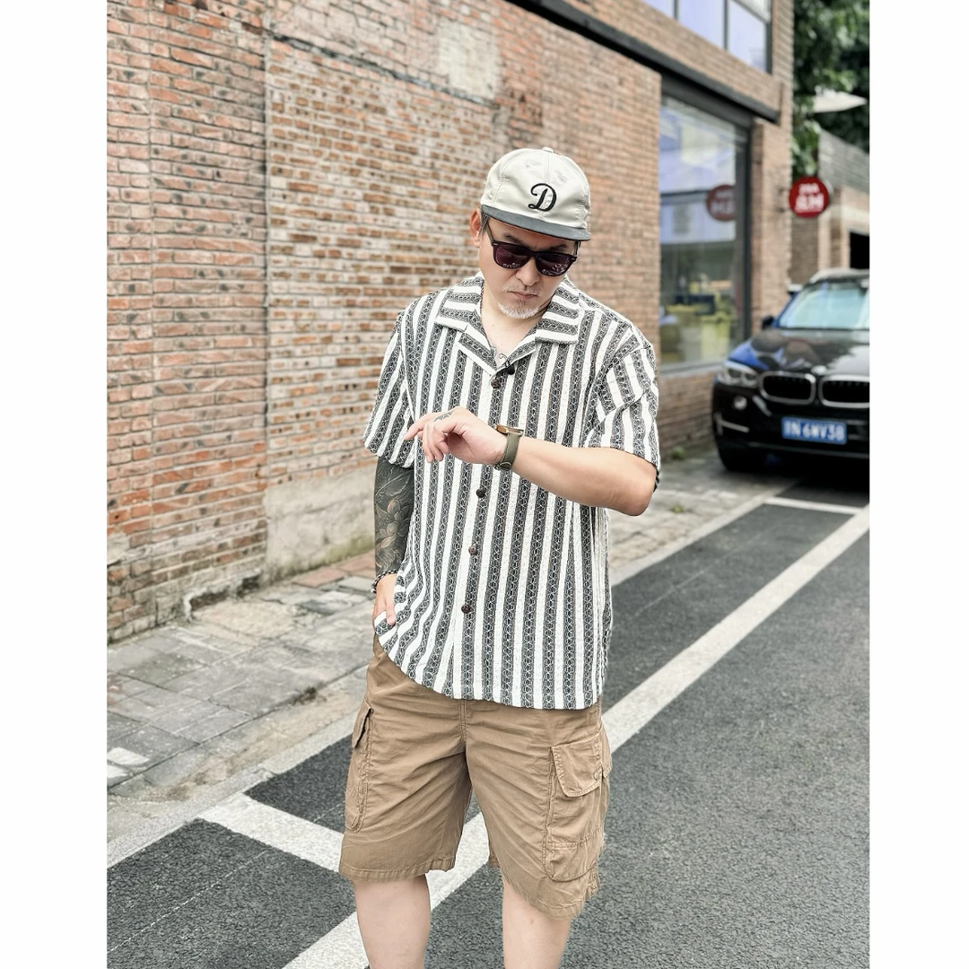 【薄款】夏威夷钩编条纹百搭休闲衬衫短袖5541