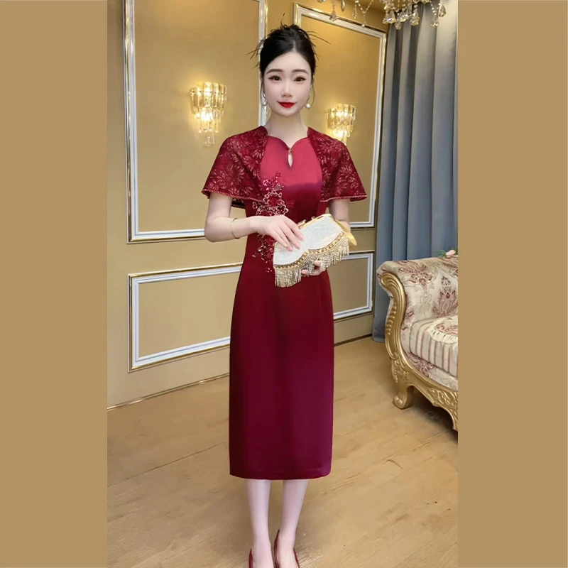 “栀子花开”妈妈装真三醋酸短袖薄款蕾丝提花旗袍领红色高贵中长款