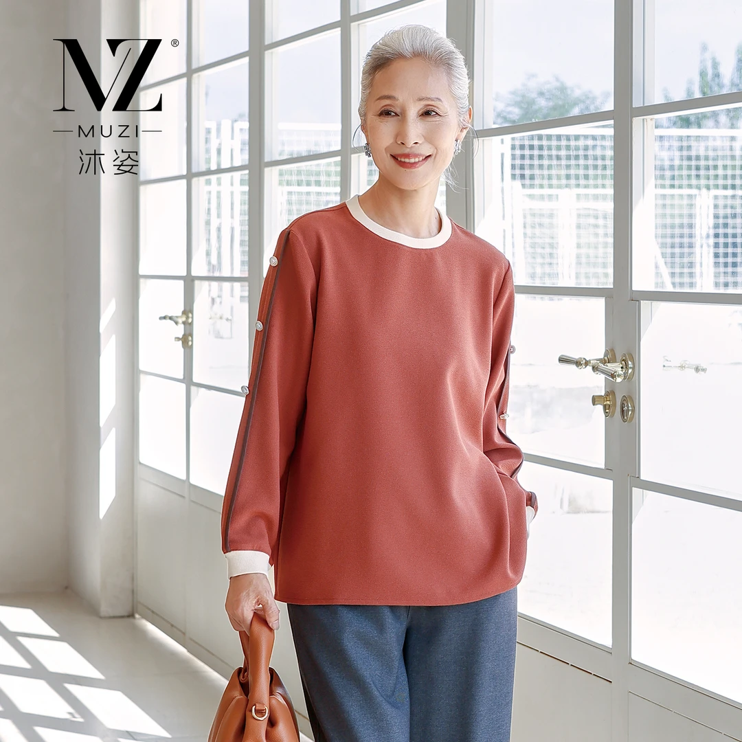 沐姿中老年女装春秋款圆领上衣妈妈装时尚宽松长袖套头衫