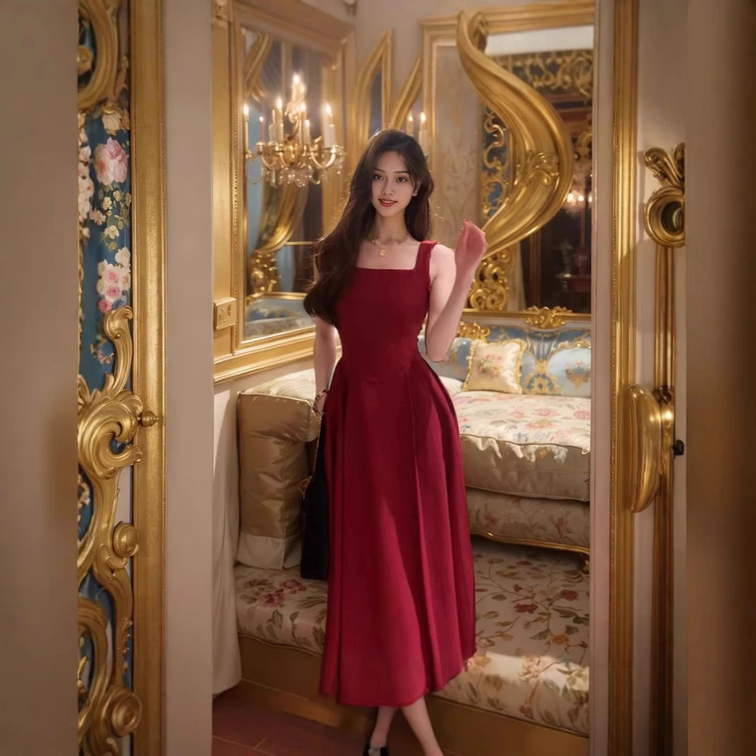 高级感法式气质赫本风御姐吊带红色连衣裙子女夏新款收腰中长裙