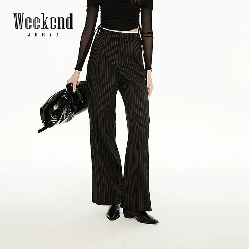 卓雅周末25春季新款通勤OL风撞色高腰竖条纹直筒西装长裤R200813B