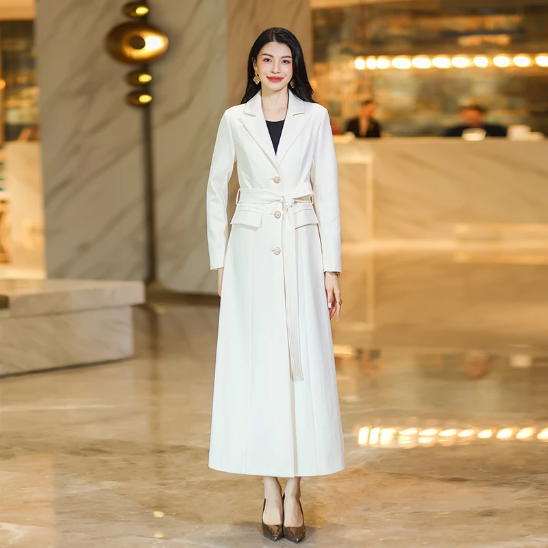 通勤长款春秋季风衣外套设计师气白色长款过膝女装外套显瘦收腰