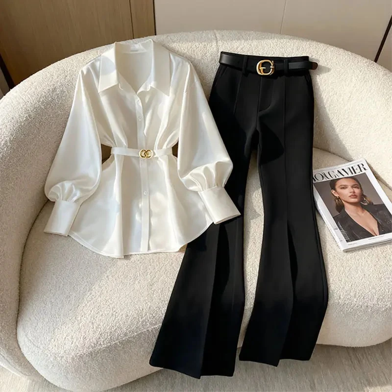 高级感洋气时尚百搭收腰衬衫女款秋季新款高腰减龄黑色裤子两件套