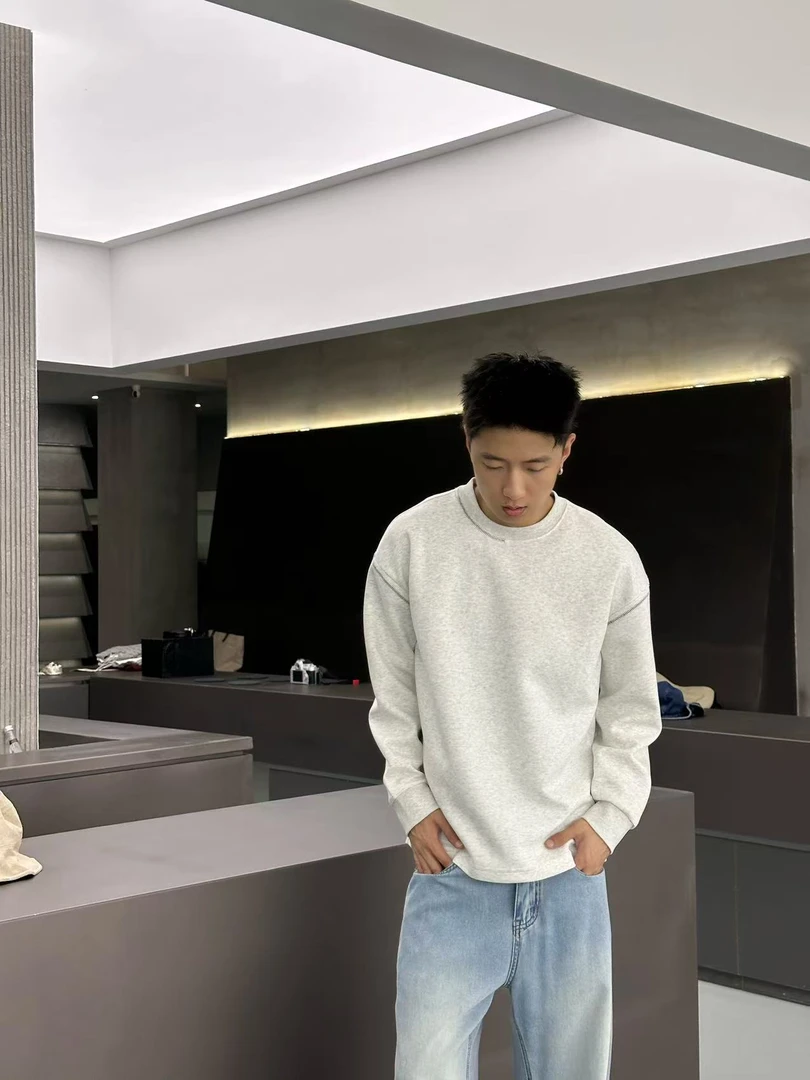 秋款百搭辑明线圆领卫衣男士休闲宽松长袖T恤男秋装打底衫秋季