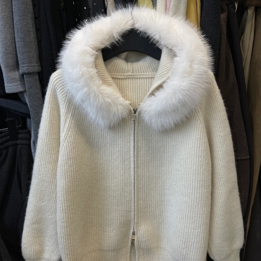 法式慵懒感宽松连帽针织开衫可拆卸毛领百搭款加厚拉链短款外套秋冬复古松弛感毛衣上衣