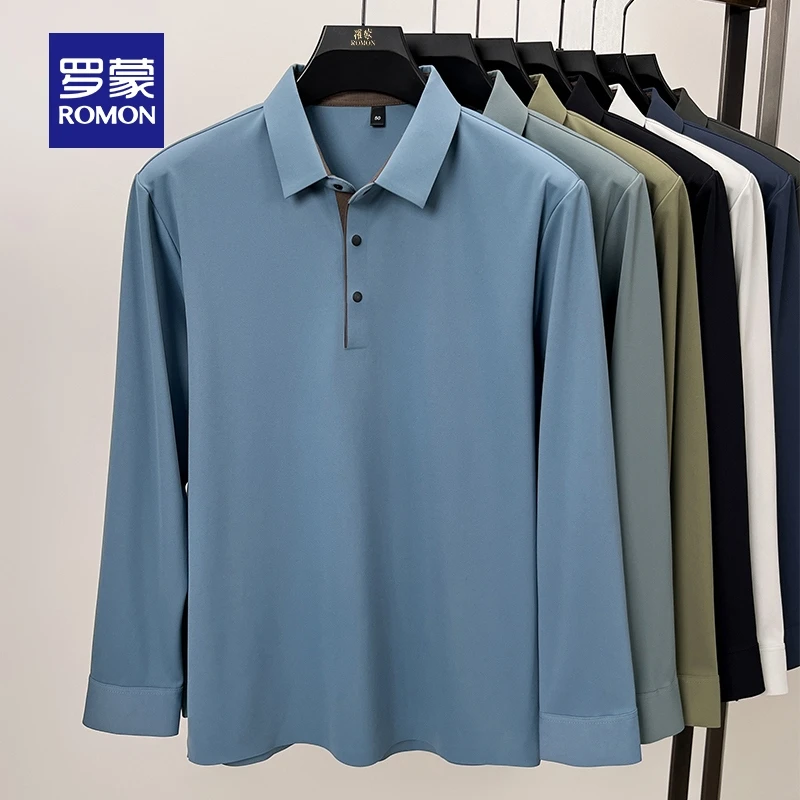 罗蒙男士商务休闲长袖翻领POLO衫2025春季新款纯色百搭宽松T恤衫