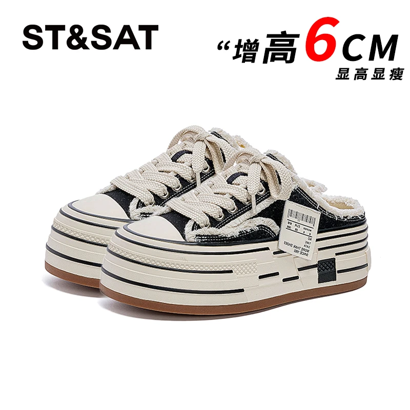 星期六包头半拖鞋外穿2025新款夏季半托一脚蹬帆布鞋厚底休闲女鞋