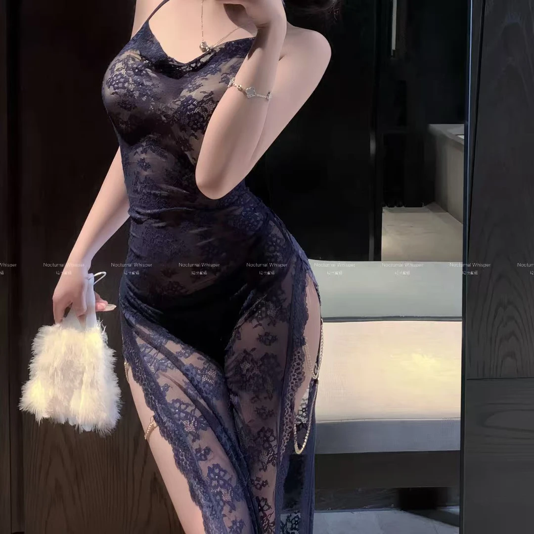 暗夜蜜语【缠绵梦忆】性感蕾丝朦胧感高开叉旗袍裙女链条性感睡衣