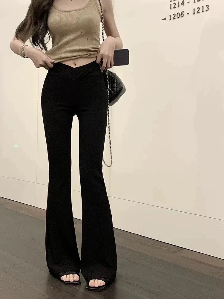 巨显瘦黑色v型微喇叭裤高腰百搭时尚马蹄裤垂感修身拖地阔腿长裤