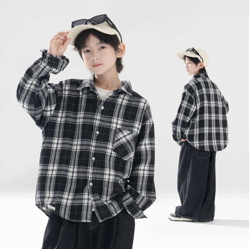 开学季丨春秋男童衬衫长袖格子个性衬衣外套中大童亲肤上衣百搭