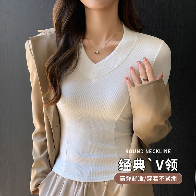 醉梓菡V领长袖打底衫女秋冬螺纹t恤百搭修身显瘦设计感正肩上衣