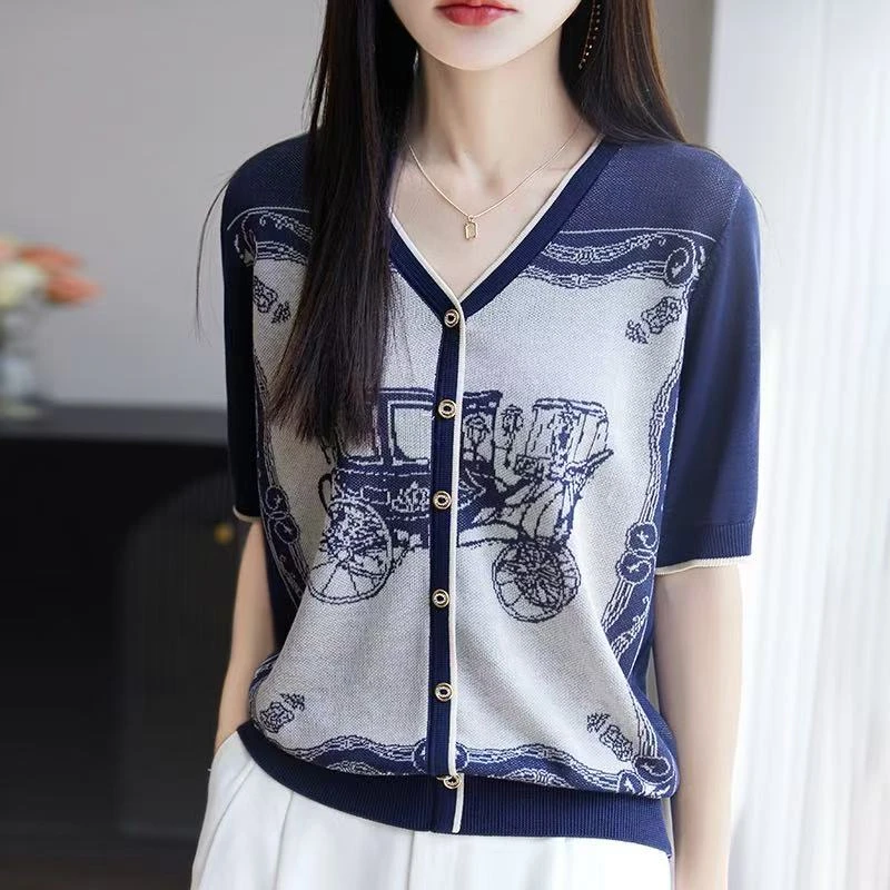 小马提花100莱赛尔2025五分袖短袖时尚显瘦针织衫百搭减龄气质