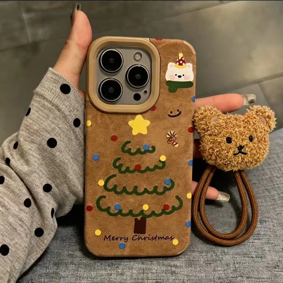 翻毛皮圣诞树手机壳适用苹果17Promax/16大孔贴皮壳15/华为小米xr