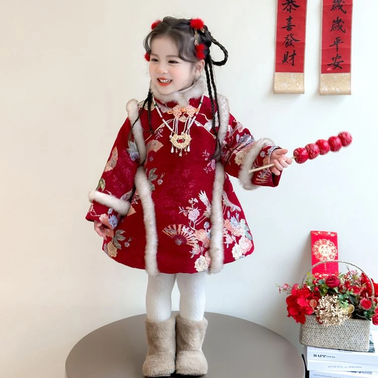 【红红火火】女童拜年服2025新款加绒加厚冬季儿童中国风红色连衣裙