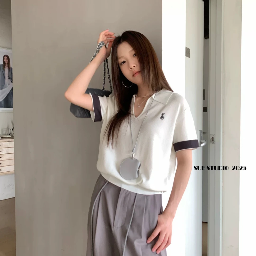 2025年春夏新款老钱风衫打底撞色卷边袖翻领小马刺绣针织短袖透气