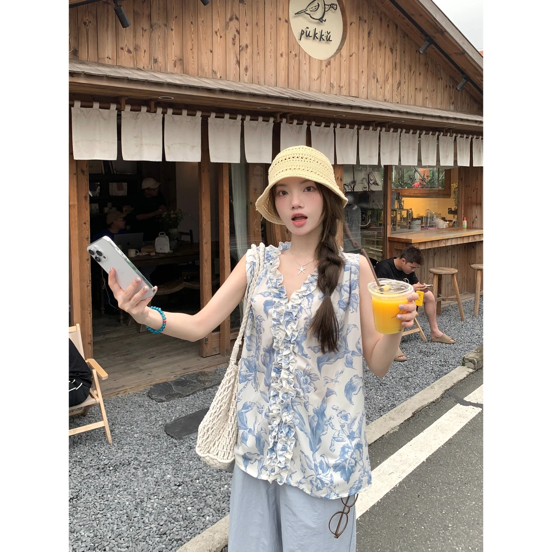小花叙事诗 无袖上衣清冷碎花背心女
