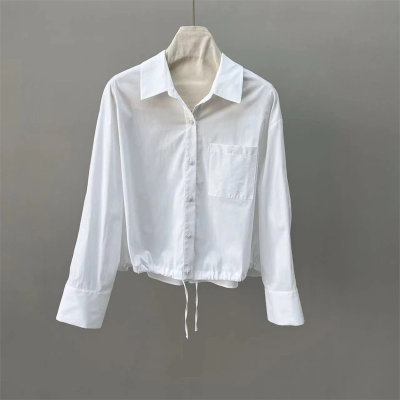 气佰搭宽松短款翻领衬衫抽绳口袋设计感通勤女衬衣5859