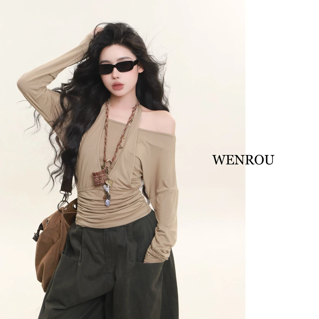 【618现货5折】早春舒适百搭设计感显瘦挂脖长袖上衣 90119