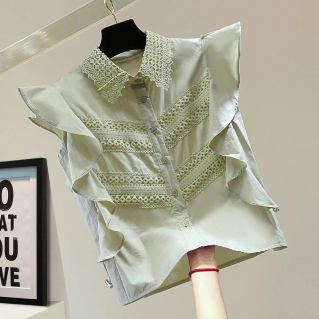 小个子蕾丝绣花抽绳收腰衬衫2024夏季韩版高腰短款荷叶边无袖衬衣
