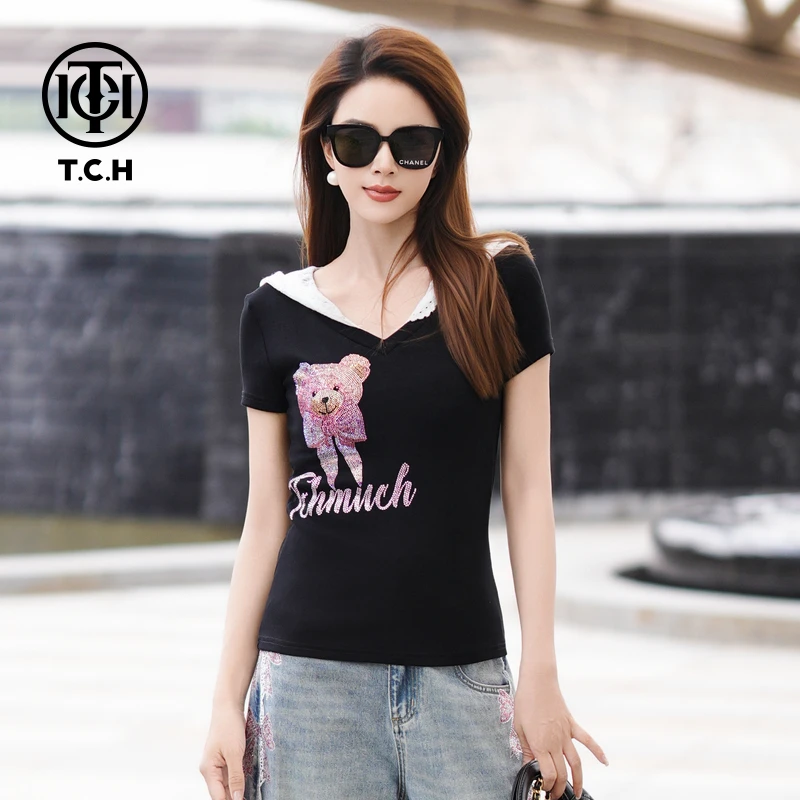 TCH私服烫钻工艺时尚休闲百搭舒适小熊T恤女T75A10E5050轻奢tch