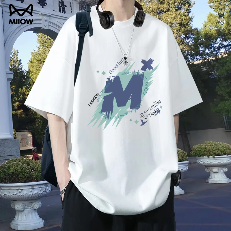 MiiOW/猫人男生纯棉短袖T恤透气夏天学生青少年休闲宽松重磅半袖