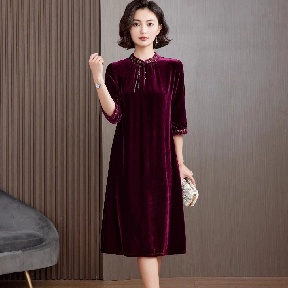 高端真丝丝绒连衣裙女中长款2025春装中式复古礼服妈妈装桑蚕丝裙
