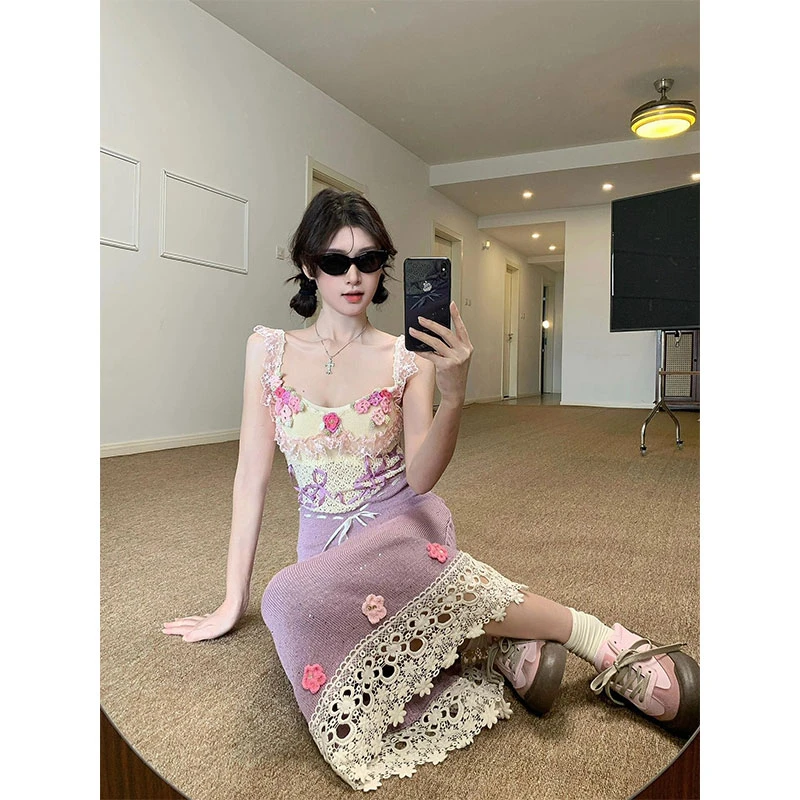 【美人花宴】ins法式设计感重工钩花紫色吊带针织连衣裙女夏季新款