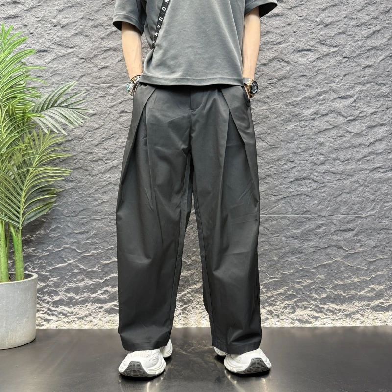 直筒双褶松紧腰男士西装长裤通勤商务垂感阔腿宽松休闲裤2025新款